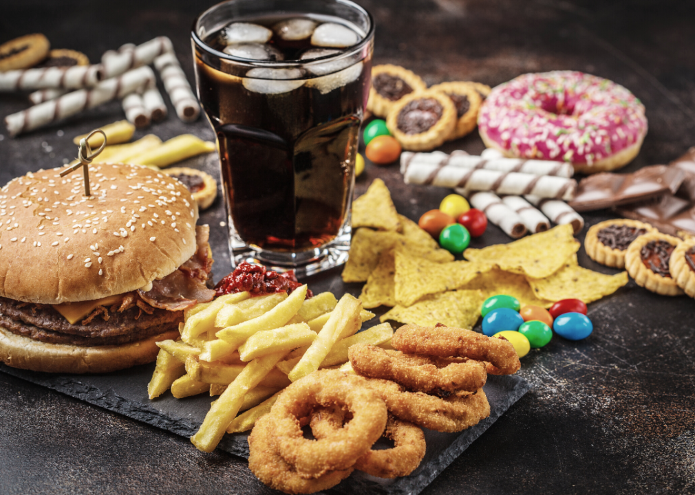 A pile of sugary snacks and soda